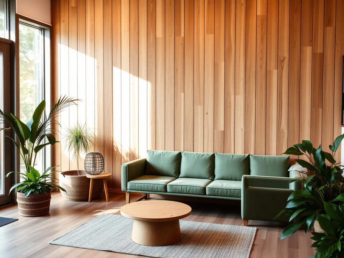 Area accoglienza di MYFIT con legno rovere e divano verde salvia