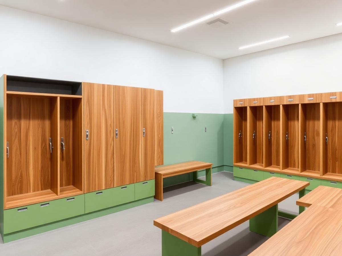 Spogliatoio con armadietti in legno e panche